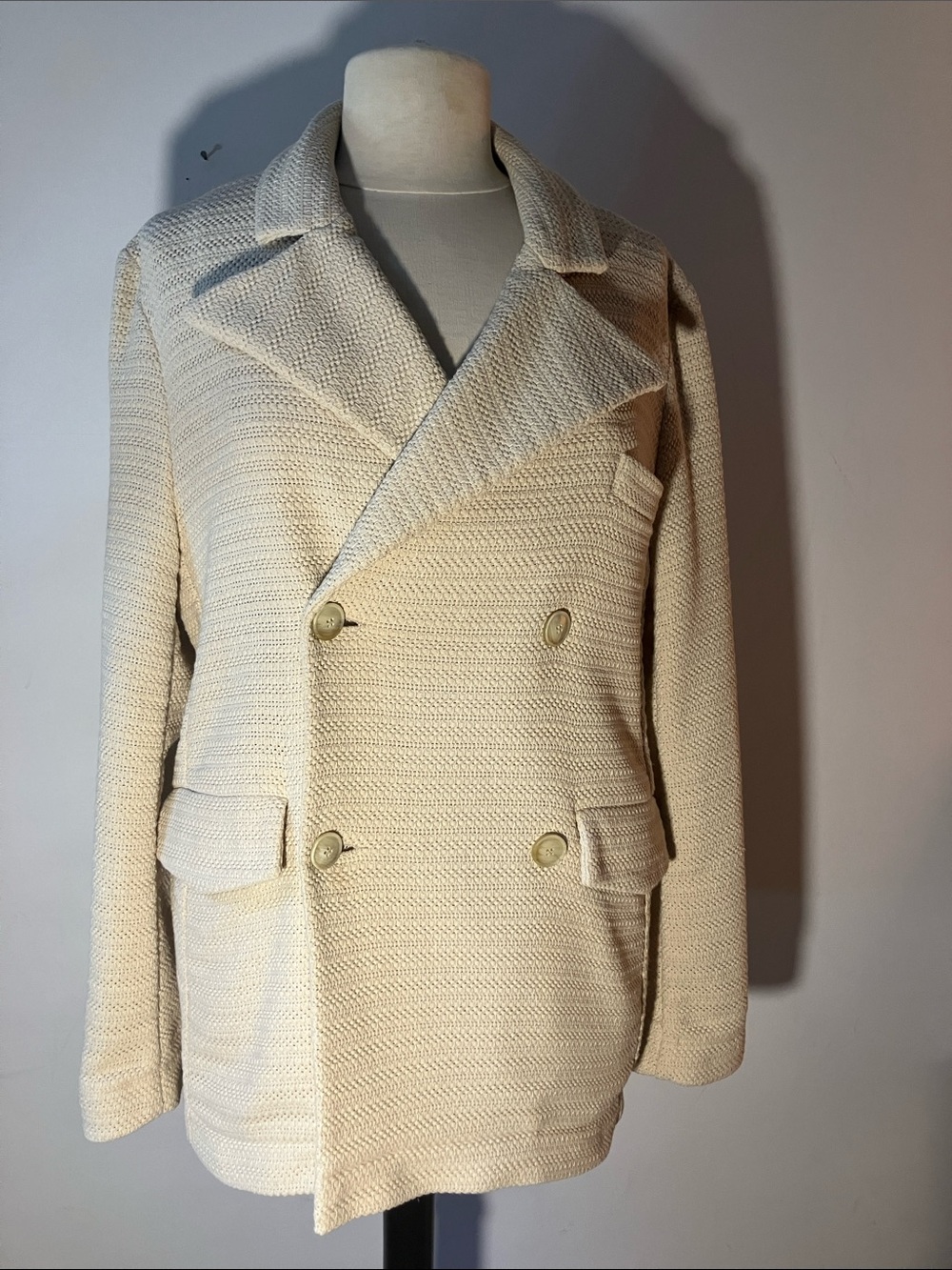 Sefr cream, double breasted woven jacket size large- must be mislabeled